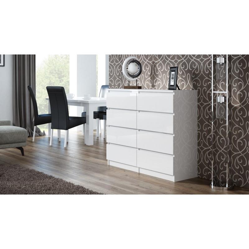CHEST OF 8 DRAWS WHITE/WHITE GLOSS 120CM OR 140CM