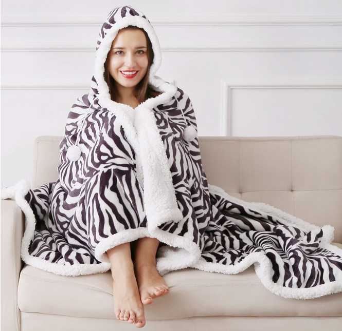 Super Soft Warm Sherpa Fleece Wearable Hoodie Blankets Throws Animal Skin Print Check Designs -130 x 180 cm