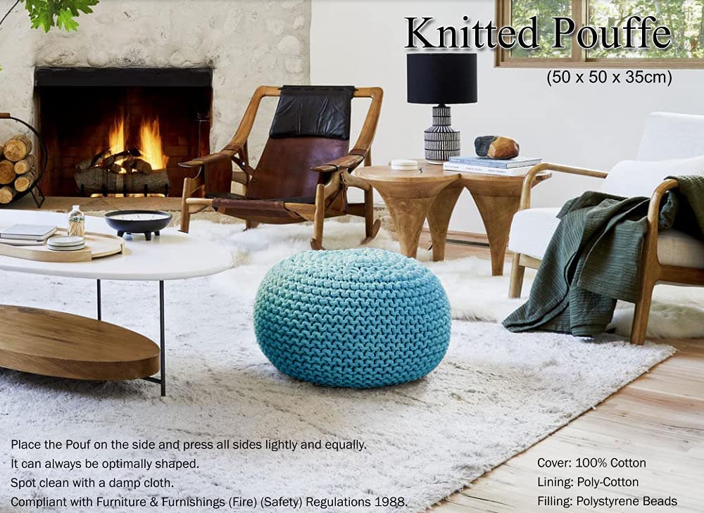 Large 100% Cotton Knitted Round Pouffe Bean Filled Foot Stool Ottoman