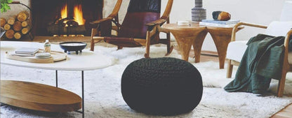 Large 100% Cotton Knitted Round Pouffe Bean Filled Foot Stool Ottoman