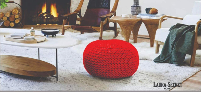 Large 100% Cotton Knitted Round Pouffe Bean Filled Foot Stool Ottoman