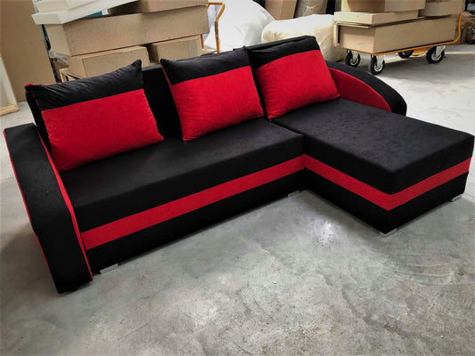 CORNER SOFA BED VELVET BLACK / RED 236cm - eurohomeware
