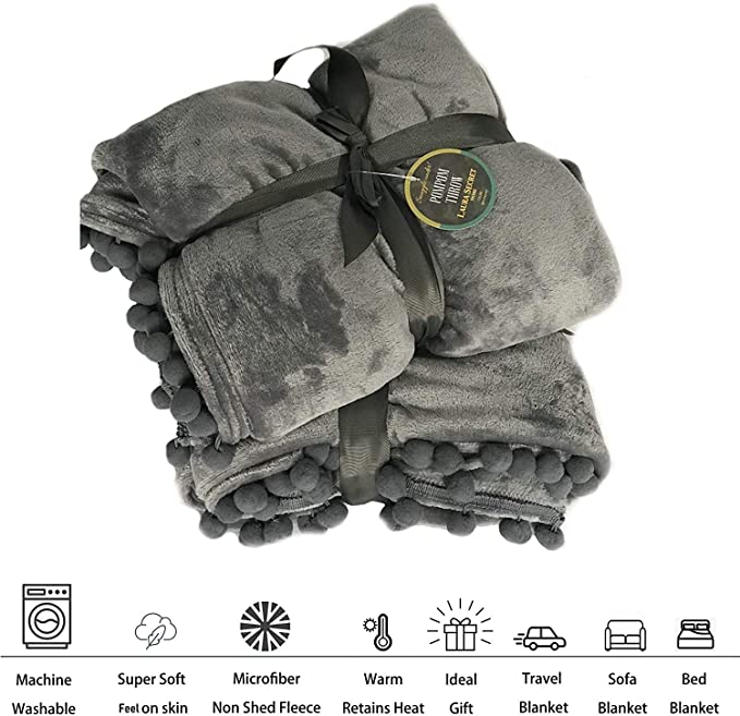 Pompom Throw 150x200 Charcoal - eurohomeware