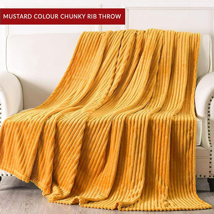 Chunky Ribbed Throw Blankets 200x240 100% Polyester - Cozy & Warm - Perfect Blankets for Bed, Sofa, Couch MUSTARD