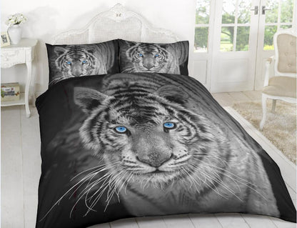 3D Effect Duvet Cover Quilt Bedding Set With Pillowcases Black and White Tiger SINGLE / DOUBLE / KING - eurohomeware