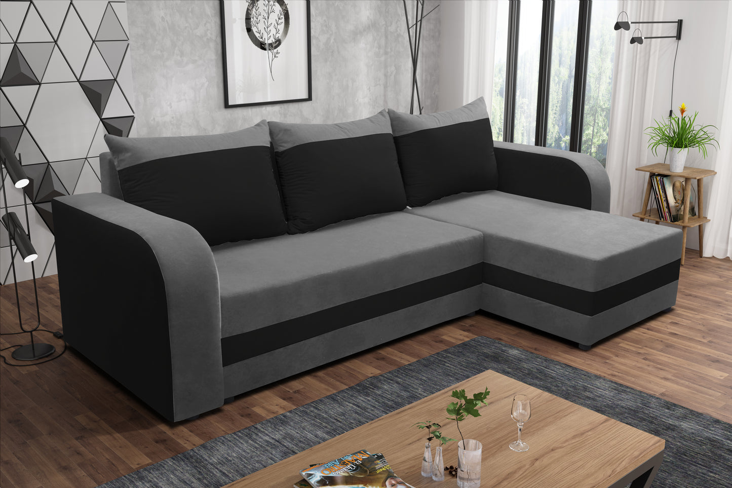 CORNER SOFA BED ALEX GREY / BLACK 238cm universal - eurohomeware