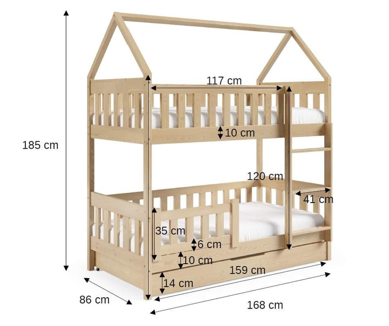 HOUSE SHAPE SOLID PINE BUNK BED BELLA 168x86cm WITH DRAW AND MATTRESS