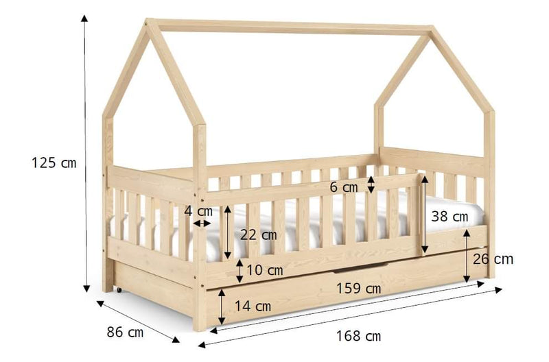 HOUSE SHAPE SOLID PINE BED LAYLA GREY 168x86cm WITH DRAW AND MATTRESS