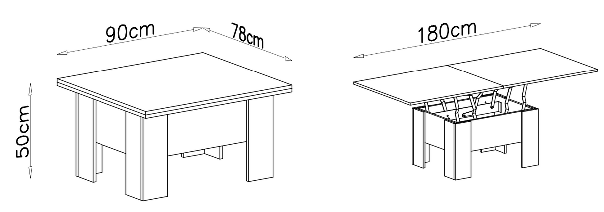 LIFTABLE AND EXTANDABLE COFFEE TABLE NORI 78X90CM 78x180CM CHOICE OF 4 COLORS