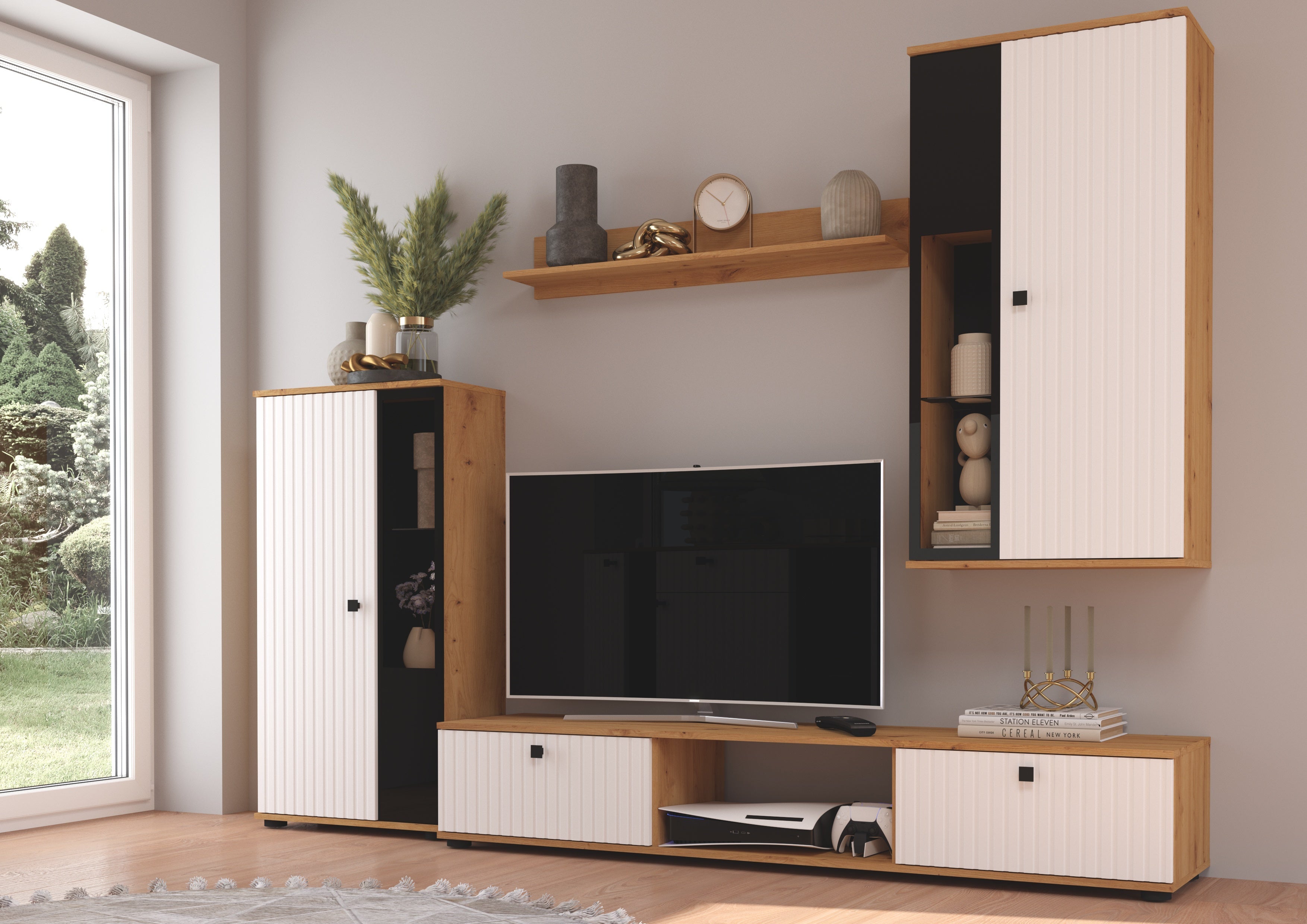 TV WALL UNIT SALSA WHITE SLAT FRONTS/ARTISAN OAK