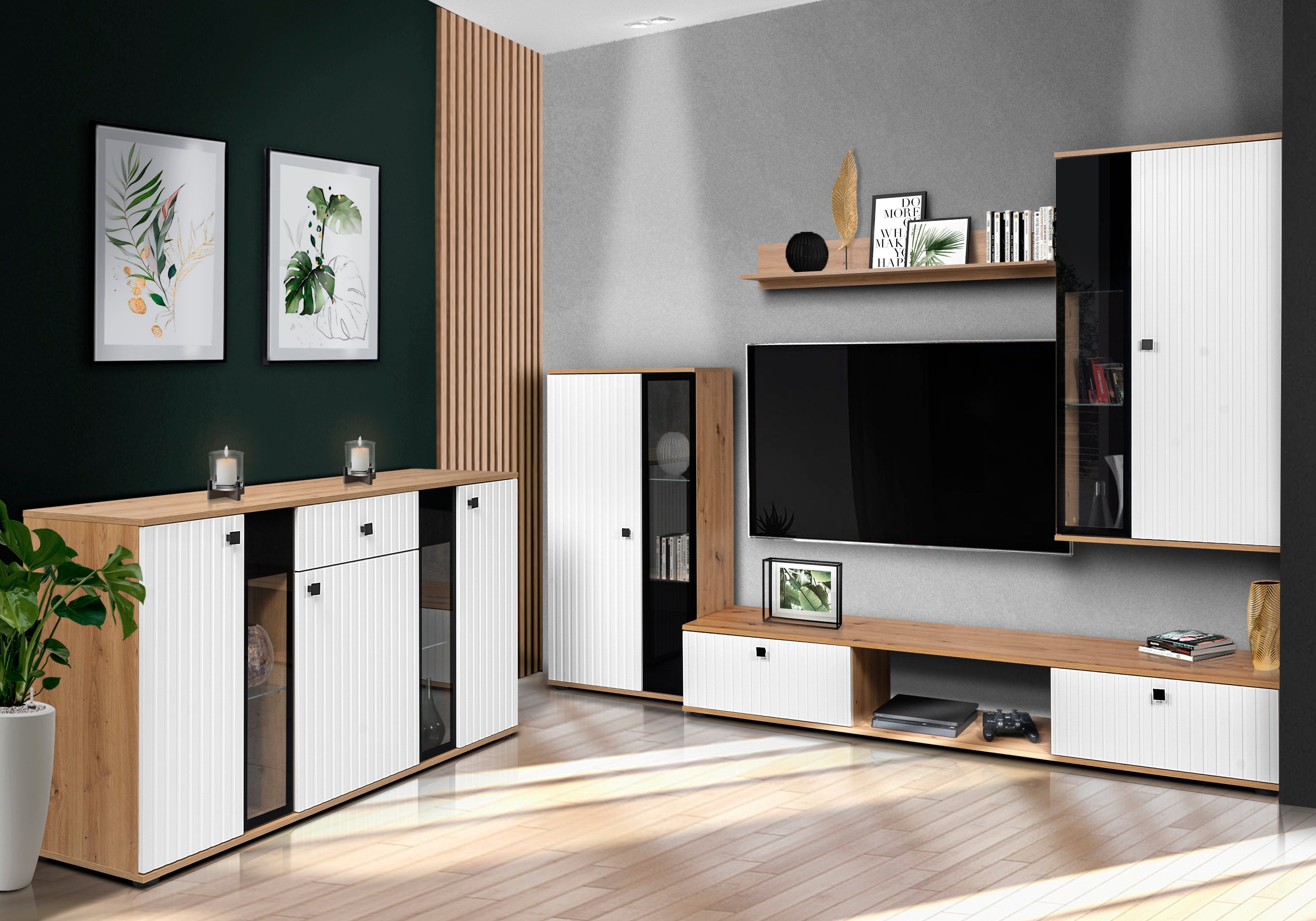 TV WALL UNIT SALSA WHITE SLAT FRONTS/ARTISAN OAK
