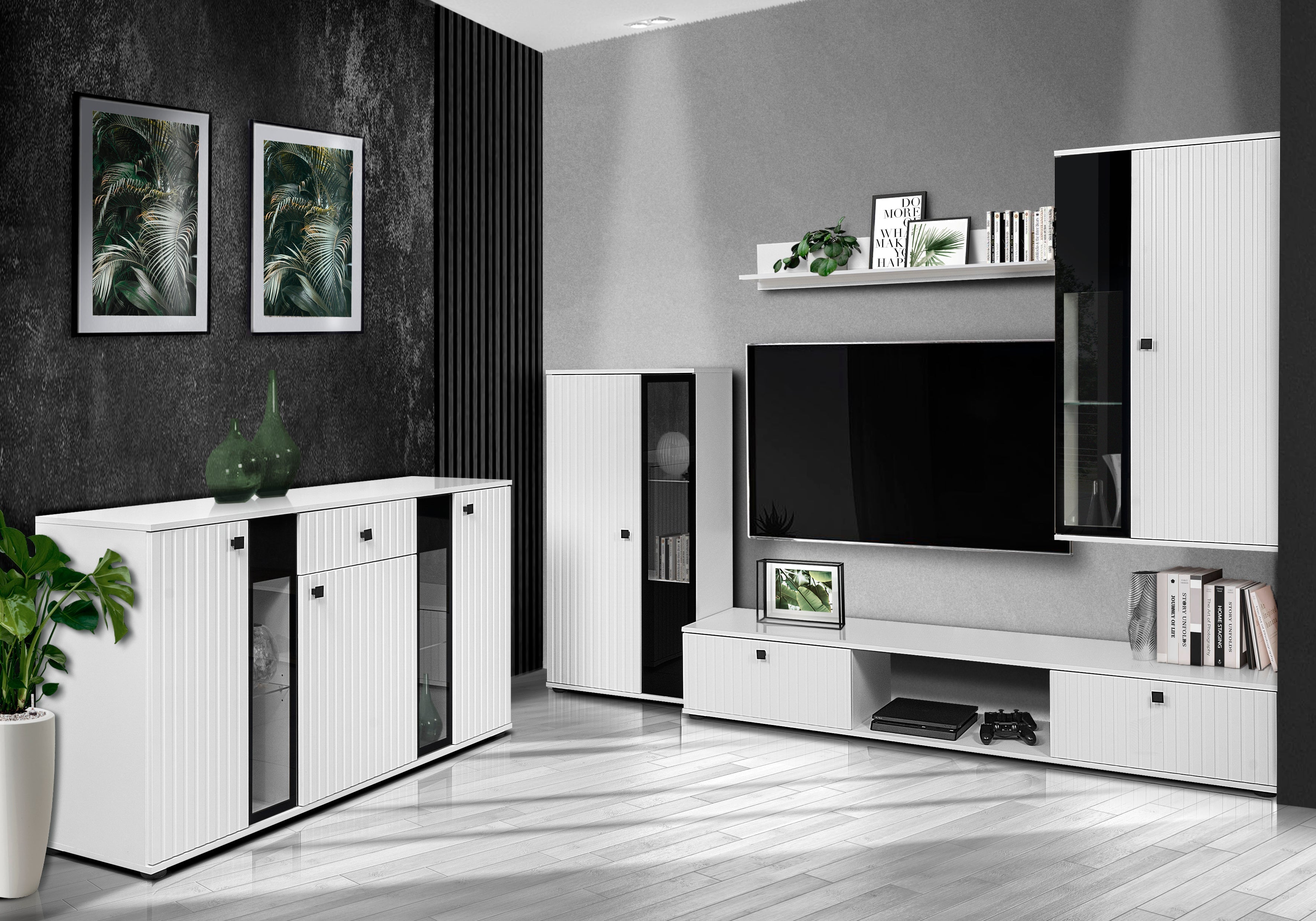 TV WALL UNIT SALSA WHITE/WHITE SLAT FRONTS