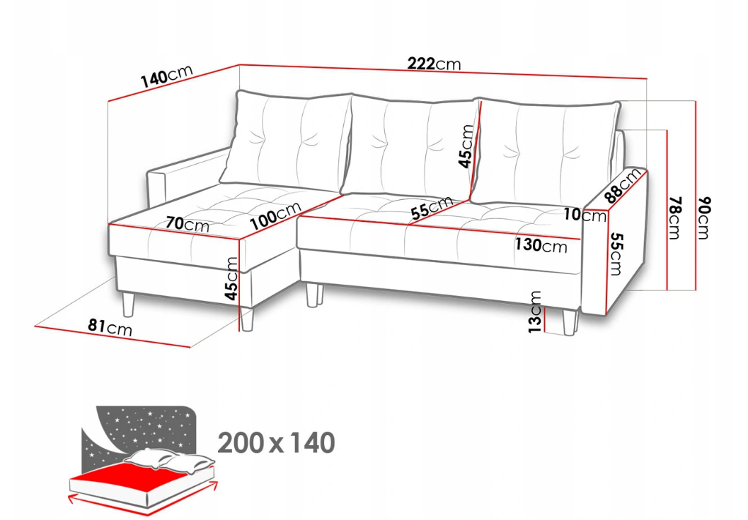 CORNER SOFA BED BRIAN 222x140cm universal - eurohomeware