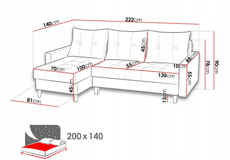 CORNER SOFA BED BRIAN 222x140cm universal - eurohomeware