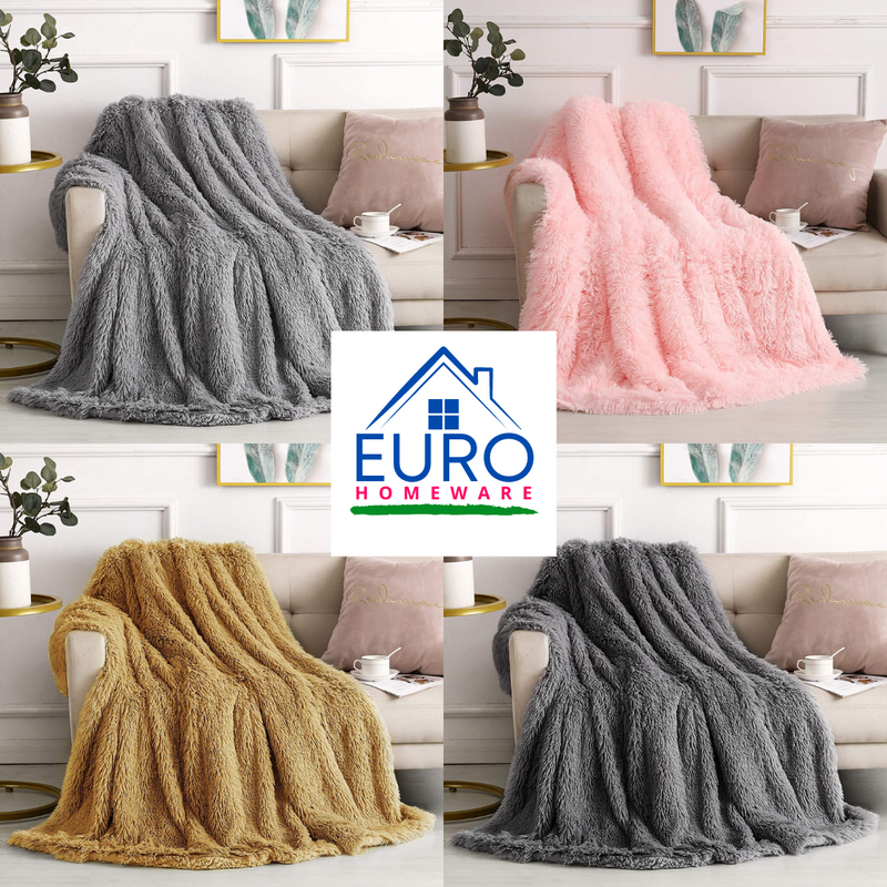 Long Pile Faux Fur Blanket BLUSH / CHARCOAL / GREY / MUSTARD - eurohomeware