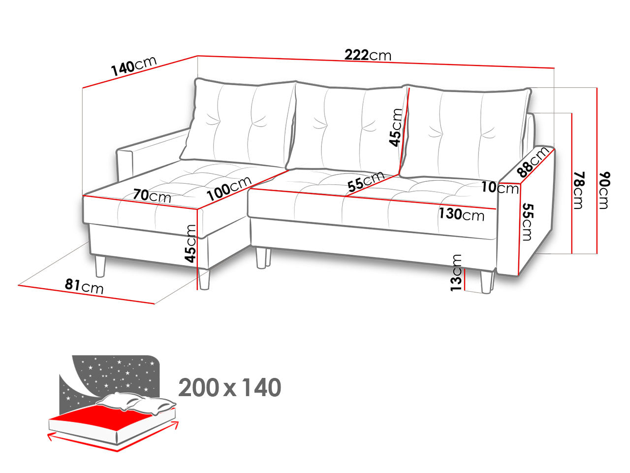 CORNER SOFA BED BRIAN (NO95) 222x140cm universal - eurohomeware
